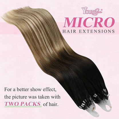YoungSee Microlink Hair Extensions Human Hair Balayage Micro Ring Hair Extensions Ombre Dark Brown to Medium Brown with Blonde Hair Extension Beads for Girls 20Inch 50g 50s Cold Fusion Hair Extension