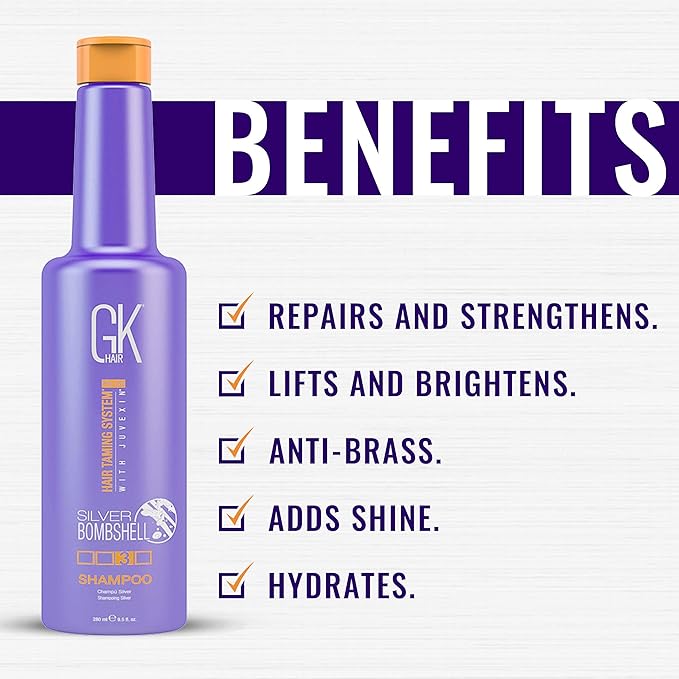GK HAIR Global Keratin Purple Shampoo/Toner Silver Bombshell 280ml I Leave In Bombshell Cream (100ml/ 3.4 fl. oz)