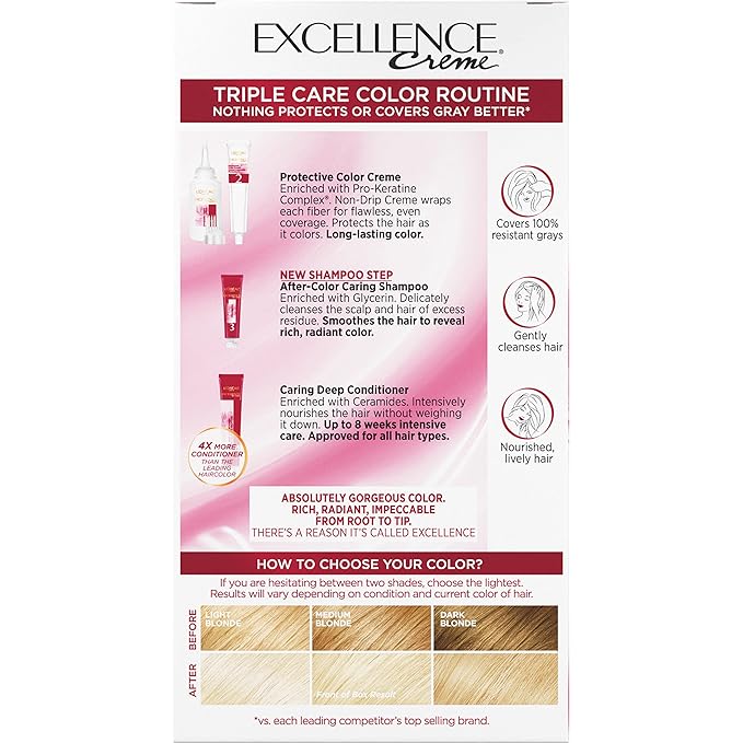 L'Oreal Paris Excellence Creme Permanent Triple Care Hair Color, 9.5NB Lightest Natural Blonde, Gray Coverage For Up to 8 Weeks, All Hair Types, Pack of 1