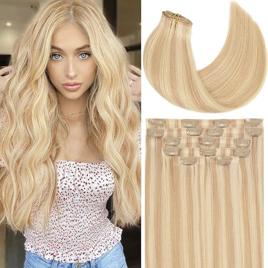 Loxxy Human Hair Clip in Extensions Invisible Double PU Weft Seamless Clip in Hair Extensions Piano Light Golden Brown Mixed With Platinum Blonde Natural Silky Straight 22Inch 110Gram P12/60A
