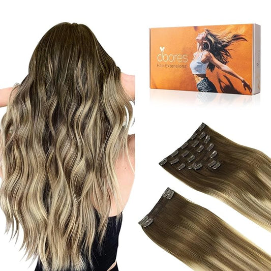 DOORES Hair Extensions Real Human Hair, Balayage Dark Blonde Highlighted Bleach Blonde 150g 18 Inch 9pcs, Clip in Hair Extensions Human Hair Extensions Human Hair Natural Straight Natural Thick Hair