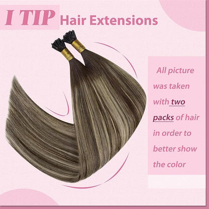 YoungSee Itip Human Hair Extensions Balayage Tip Hair Extensions Ombre Dark Brown with Ash Blonde I Tips Hair Extension for Women 80s I-Tips Extensions Real Human Hair Silky Straight 16Inch 50g