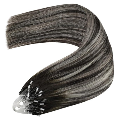 YoungSee Micro Link Hair Extensions Human Hair Ombre Bead Hair Extensions Real Human Hair Ombre Black to Silver Micro Human Hair Extension Soft 18In 50g 50s