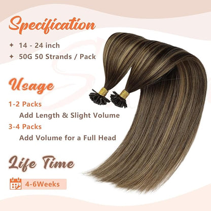 Sunny Hair U Tip Hair Extensions Human Hair 16inch Ktip Human Hair Extensions Dark Brown Balayage Blonde Utip Hair Extensions Human Hair for Party 50g