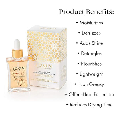Joon Moisturizing Trio Set | 1.1oz Saffron Hair Elixir, 10.1oz Saffron Rose Shampoo and Conditioner