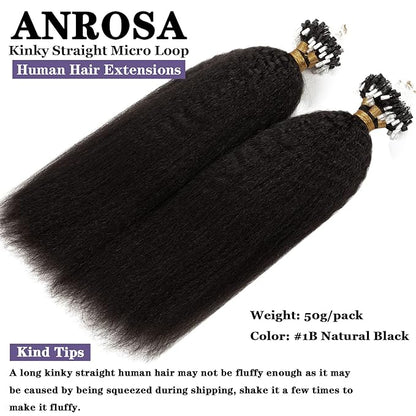 Anrosa Micro Loop Hair Extensions Real Human Hair Kinky Straight Full Head Stick Human Hair Black Women Natural Black Microlinks Hair Extensions Thick End 16 Inch 1g/s 50g