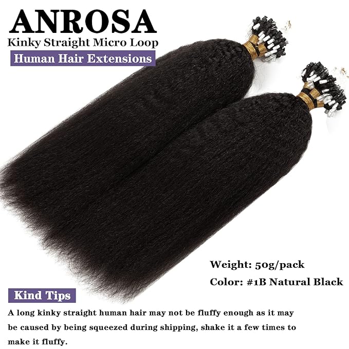Anrosa Microlink Hair Extensions Human Hair Black Women 100% Human Hair Kinky Straight Microbead Hair Extensions Remy Hair Natural Black #1B Micro Loop Ring Hair Extensions 20Inch 50g