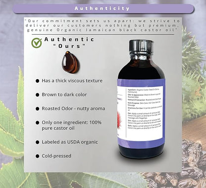 DN USDA Certified Organic Jamaican Black Castor Oil, Hexane-Free Cold-Pressed (4 Fl Oz) in Glass Bottle - Unrefined, For Hair Growth & Skin Care