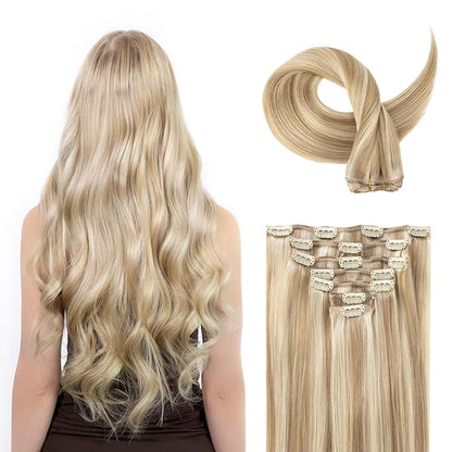 Clip in Hair Extensions Real Human Hair, Silky Remy Hair Extensions Clip Ins, Salon Quality Natural Human Hair, Light Blonde Highlighted Golden Blonde #P16/22 24Inch 120G 7PCS