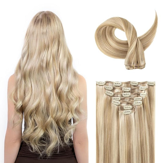 Clip in Hair Extensions Real Human Hair, Silky Remy Hair Extensions Clip Ins, Salon Quality Natural Human Hair, Light Blonde Highlighted Golden Blonde #P16/22 24Inch 120G 7PCS