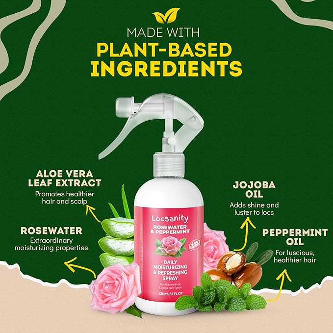 Locsanity Daily Moisturizing Refreshing Spray for Locs, Dreadlocks - Rose Water and Peppermint Hair Scalp Moisturizer, Dreadlock Spray - Natural Loc Care and Maintenance (8oz)
