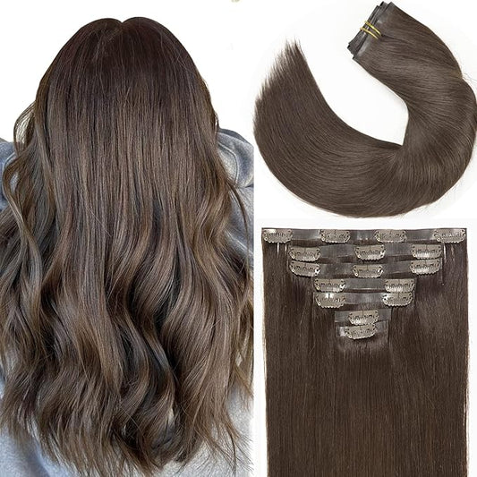Lacer Hair Extensions Real Human Hair Seamless Clip ins Dark Brown Clip in Hair Extensions Silicone Weft Extensions 16 Inch Clip in Human Hair 7pcs 110g