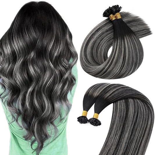 Sunny Hair K Tip Hair Extensions Real Human Hair Ombre Black K Tip Hair Extensions Natural Black Roots to Silver Grey Balayage Keratin Hair Effortless Highlights 20inch 50g