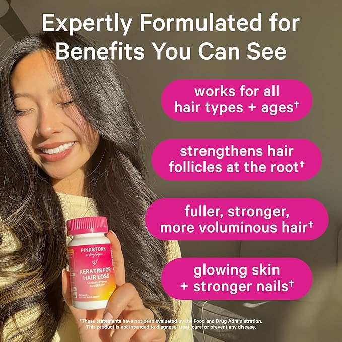 Pink Stork Keratin Hair Loss Supplement for Women - Clinically Studied KeraGEN-IV for Hair Care, Thinning, Shedding and Beauty - Hair Skin and Nails Support - Postpartum Hair Growth - 30 Capsules