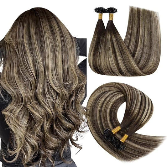 YoungSee Ombre Utip Hair Extensions Balayage Brown Ombre Blonde U Tip Extensions Ombre Utip Remy Human Hair Extensions Brown K Tip Hair Extensions Real Human Hair for Women 18In 50s/50g Silky Straight