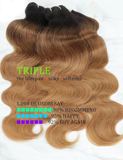 Ombre Bundles Human Hair, 13A Raw Indian Hair Bundles Body Wave, 16 18 20 Inch Colored Honey Blonde 1B27 Ombre Human Hair Bundles, 2 Years Service Life, Keep Texture Silky Soft Tangle-Free