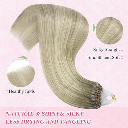 YoungSee Micro Loop Hair Extensions Real Human Hair Blonde Bead Hair Extensions Human Hair Ash Blonde Ombre Platinum Blonde Microbead Human Hair Extensions Balayage Add Hair Length 22In 50s/50g