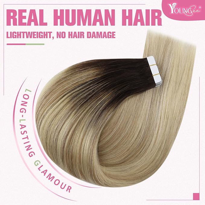 YoungSee Tape in Hair Extensions Real Human Hair Ombre 16In Invisible Tape in Hair Extensions Dark Brown Ombre Blonde with Brown Balayage Tape ins Human Hair Extensions Silky Straight 20pcs 50g