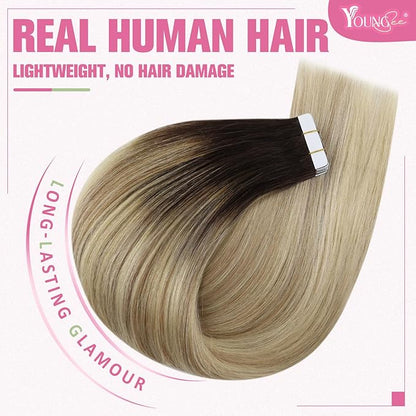 YoungSee Tape in Hair Extensions Real Human Hair Ombre 16In Invisible Tape in Hair Extensions Dark Brown Ombre Blonde with Brown Balayage Tape ins Human Hair Extensions Silky Straight 20pcs 50g