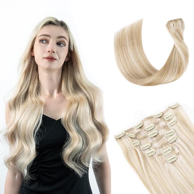 Clip in Hair Extensions Real Human Hair, 100% Remy Hair Extensions Clip Ins, Dark Blonde Highlighted Bleach Blonde Hair Extension for Women, #P18A/613A 20Inch 120G 7PCS