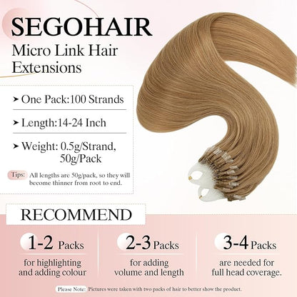 Micro Link Hair Extensions Human Hair Micro Bead Extensions Micro Loop Micro Ring Human Hair Extensions for Women Silky Straight Natural 50g/100 Stands 22" Dark Blonde
