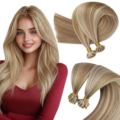 Sunny Hair K Tip Hair Extensions Real Human Hair Light Brown with Blonde Flat Tip Human Hair Extensions Keratin Extensions Human Hair 14inch 50g