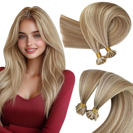 Sunny Hair K Tip Hair Extensions Real Human Hair Light Brown with Blonde Flat Tip Human Hair Extensions Keratin Extensions Human Hair 14inch 50g