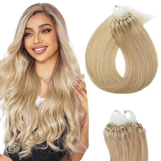 Micro Link Hair Extensions Human Hair Micro Bead Extensions Micro Loop Micro Ring Human Hair Extensions for Women Silky Straight Natural 50g/100 Stands 16" Ash Blonde Mix Bleach Blonde