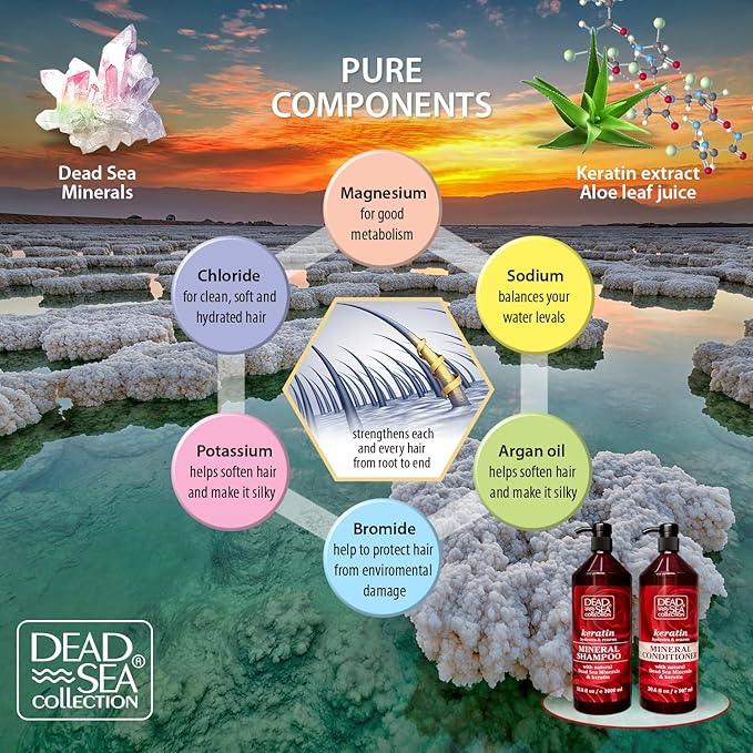Dead Sea Collection Shampoo and Conditioner Set with Keratin – Hydrating Softening Hair Products with Dead Sea Minerals for All Hair Types – Set of 2 Bottles (33.8 & 30.6 Fl. Oz.)