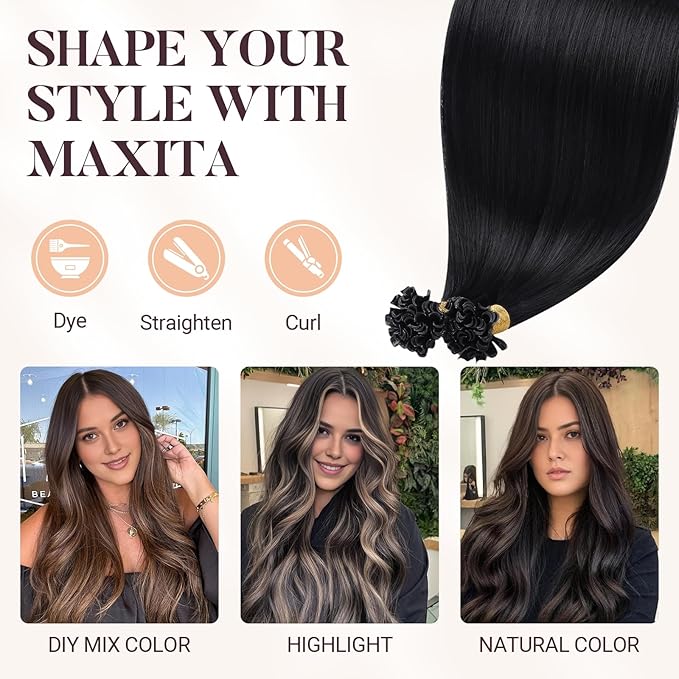 MAXITA U Tip Hair Extensions Human Hair, Natural Black Hair Extensions Real Human Hair, 50g/50 Strands/Pack, 24 In Virgin Human Hair