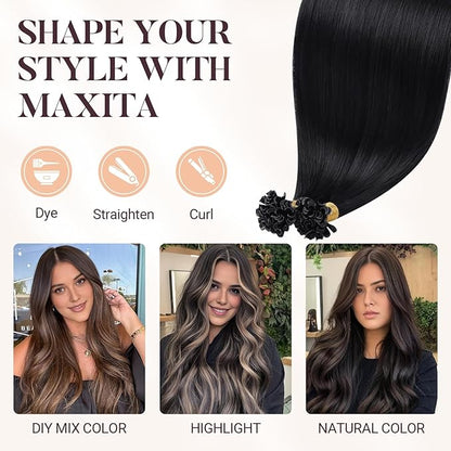 MAXITA U Tip Hair Extensions Human Hair, Natural Black Hair Extensions Real Human Hair, 50g/50 Strands/Pack, 24 In Virgin Human Hair