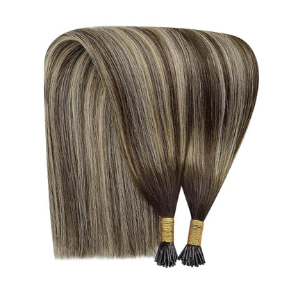 YoungSee Itip Human Hair Extensions Balayage Tip Hair Extensions Ombre Dark Brown with Ash Blonde I Tips Hair Extension for Women 80s I-Tips Extensions Real Human Hair Silky Straight 16Inch 50g