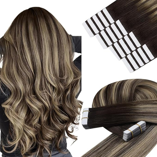 YoungSee Tape in Extensions Human Hair Balayage Tape ins Human Hair Extensions Balayage Dark Brown with Ash Blonde Tape in Hair Silky Straight 20 Inch 20pcs 50g Long-Lasting