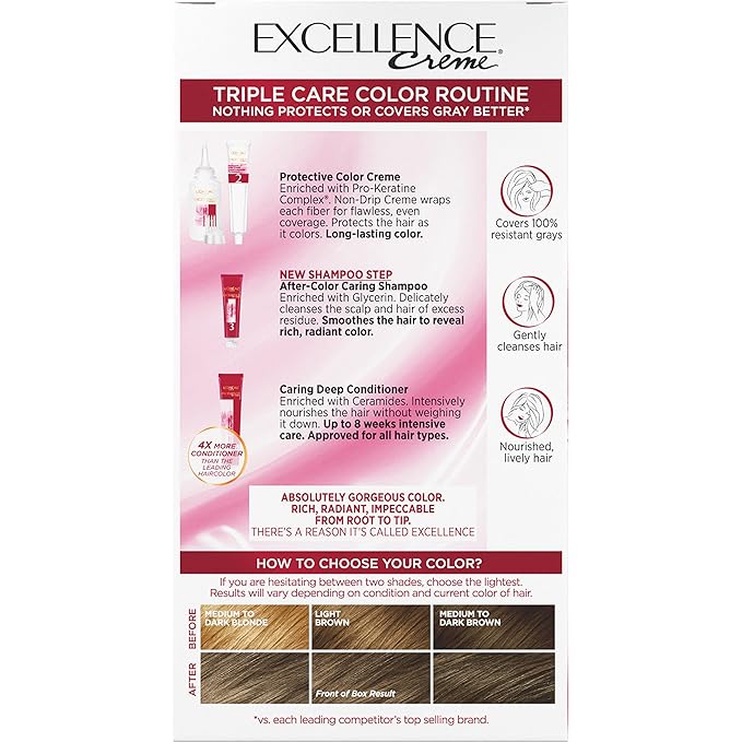 L'Oreal Paris Excellence Creme Permanent Triple Care Hair Color, 6A Light Ash Brown, Gray Coverage For Up to 8 Weeks, All Hair Types, Pack of 1