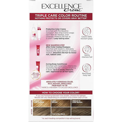 L'Oreal Paris Excellence Creme Permanent Triple Care Hair Color, 6A Light Ash Brown, Gray Coverage For Up to 8 Weeks, All Hair Types, Pack of 1
