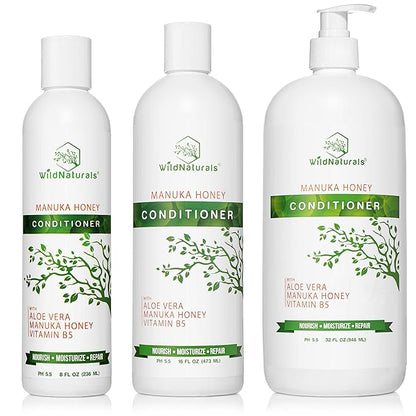 Wild Naturals Sulfate Free Conditioner : With Manuka Honey + Aloe Vera, For Hair Loss, Thinning Hair, and Itchy Dry Scalp. Anti Dandruff, Moisturizing, 98% Natural, 80% Organic Healing Plant-Based