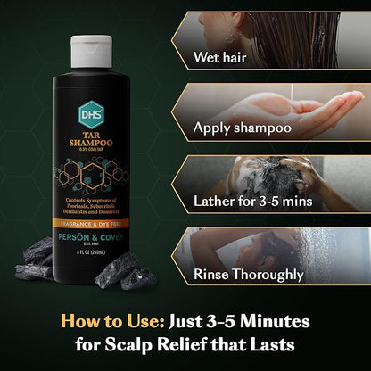 DHS Person & Covey, Inc Coal Tar Shampoo - Dandruff Shampoo for Men & Women, Psoriasis & Dandruff Hair Care for Itchy Scalp, Unscented Seborrheic Dermatitis Hair Care - 8 Fl Oz, Pack of 3