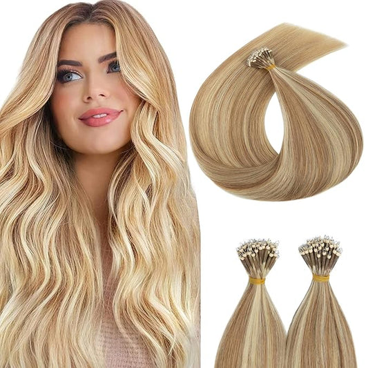 Nano Bead Human Hair Extensions - Nano Bond & Tip Extensions, Silky Straight Natural 50g/50 Stands 18" Golden Brown Mix Bleach Blonde