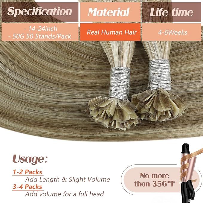 Sunny Hair K Tip Hair Extensions Real Human Hair 18inch Ktip Hair Extensions Human Hair Light Brown Highlights Blonde Keratin Extensions for Women 50g