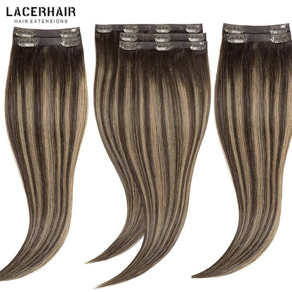Seamless Clip in Hair Extensions Human Hair 8Pcs 20in Ultra Invisible PU Skin Weft 150g 19 Clips Clip in Human Hair Extensions Chestnut Brown Mixed Dark Brown with Dark Brown Roots Real Human Hair