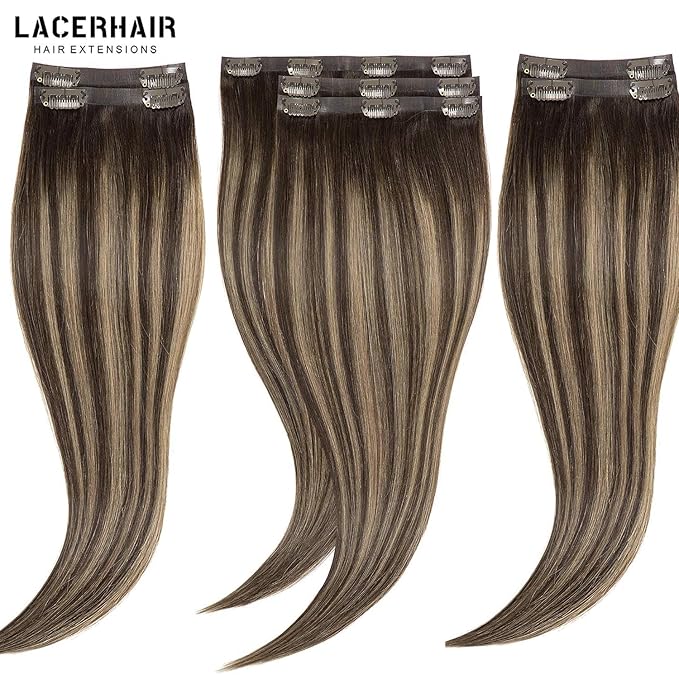 Seamless Clip in Hair Extensions Real Human Hair 7Pcs 18 Clips Chestnut Brown Mixed Dark Brown with Dark Brown Roots PU Weft Extensions Clip in Human Hair Natural Human Hair For Women 130g 18inch