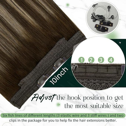 RUNATURE Wire Hair Extensions Real Human Hair, Balayage Brown Roots Human Hair Extensions for Women, Invisible Fish Line Extensions Soft Remy Hair, 16 Inch 80g #4/27/4