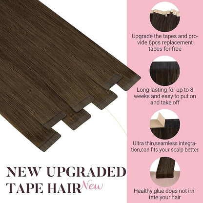 MAXITA Tape in Extensions, 20 Inch 20pcs 50g, Remy Human Hair Tape in Hair Extensions Real Human Hair, Honey Brown Straight Thick Ends Tape Ins Skin Weft Hair Extensions for Women