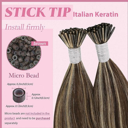 YoungSee Itip Hair Extensions Real Human Hair Brown I Tips Hair Extensions for Women Highlight Dark Brown and Blonde Itip Hair Extension for Long Hair 24In Invisible Keratin Hair Extension 50g 50s