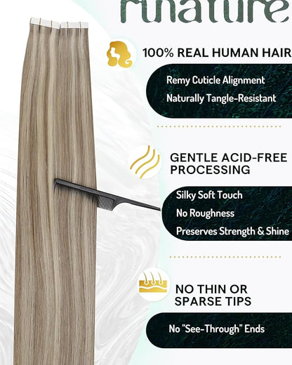 RUNATURE Tape in Extensions Human Hair Grey Blonde Highlight 24 Inch Tape in Hair Extensions Human Hair for Long Hair, Silky Soft Remy Natural Hair, Double Sided Real Tape Ins 50g 20pcs
