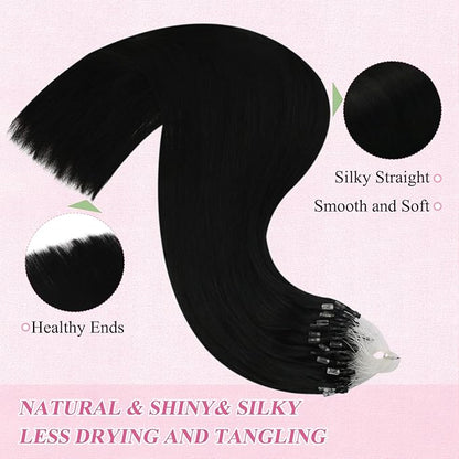 YoungSee Micro Beads Hair Extensions Black Microbead Hair Extensions Human Hair Jet Black Bead Hair Extensions for Women 24 Inch Hair Extensions Bead Hair Extensions Real Human Hair Natural 50s 50g