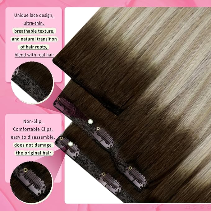 YoungSee Clip in Human Hair Extensions Ombre Remy Human Hair Extensions Clip ins Dark Brown Mix Blonde Balayage Real Extensions for Beginners 14In 120G 7Pcs