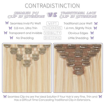 Lacer Hair Highlight Blonde Clip in Hair Extensions 20 Inch Human Hair 7pcs 110g Dark Ash Blonde Mixed Platinum Blonde Color Seamless Hair Extensions Clip in Thin PU Weft Silky Straight Clip Ins