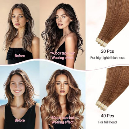 MAXITA Human Hair Tape in Extensions, Invisible Tape in Hair Extensions Human Hair Straight Remy Hair, Olive Auburn 14 Inch 50g 20pcs Hair Extensions Real Human Hair