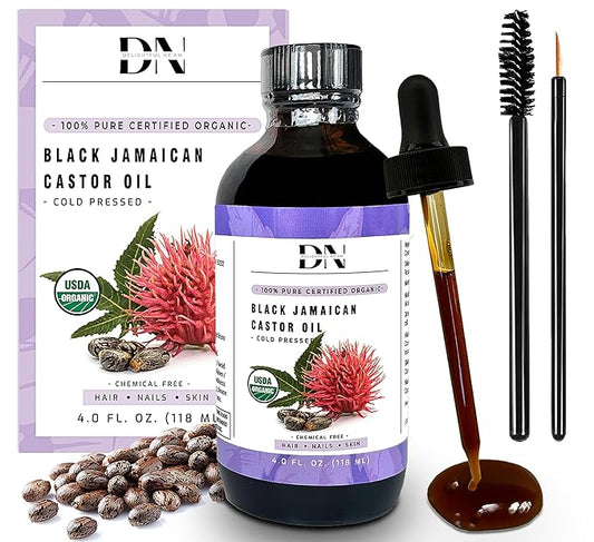 DN USDA Certified Organic Jamaican Black Castor Oil, Hexane-Free Cold-Pressed (4 Fl Oz) in Glass Bottle - Unrefined, For Hair Growth & Skin Care